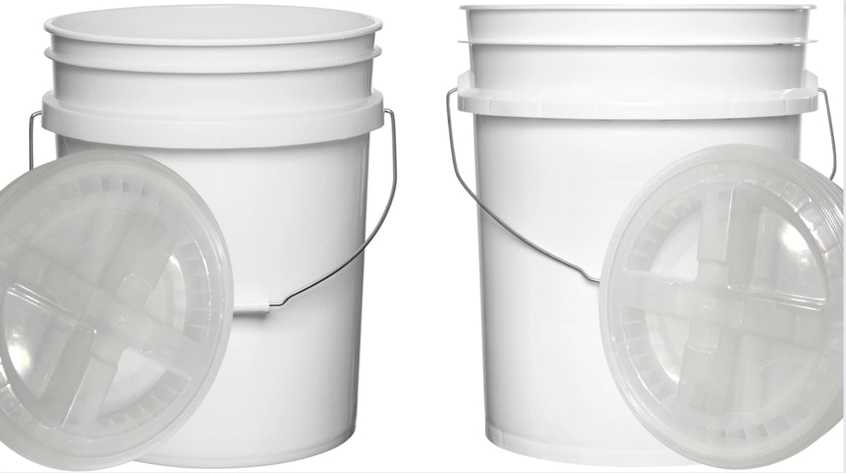 House Naturals Food Grade 5 Gallon Made in USA Plastic Bucket with Air Tight Screw on Lid (White Buckets with Red Lids)