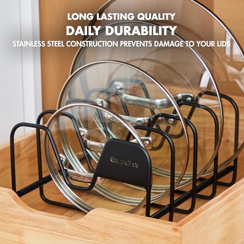 GreenPan Stainless Steel Wire Pots and Pans Lid Storage Rack, Holds 4 Lid Covers, Easy Storage, Countertop or Cabinent Organizer, Minimizes Clutter, Fast Drying, Wipes Clean, Black - size: Lid Storage Rack