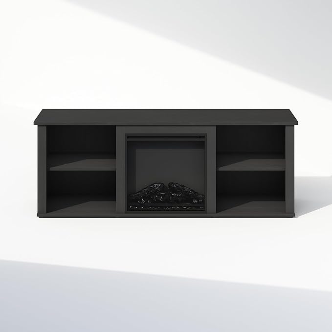 Furinno Jensen Fireplace TV Stand, NO Heat Decorative Electric Fireplace TV Stand for TV up to 60 Inch, with Open Storage, for Living Room, Americano