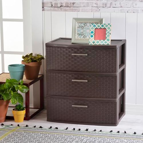 Sterilite Wide 3 Drawer Weave Tower Home Plastic Organizer with Handles, Espresso - Tall Vertical Storage Unit for Bedroom, Closet, Bathroom, Dorm Room, and Office Organization - size: 1 Pack