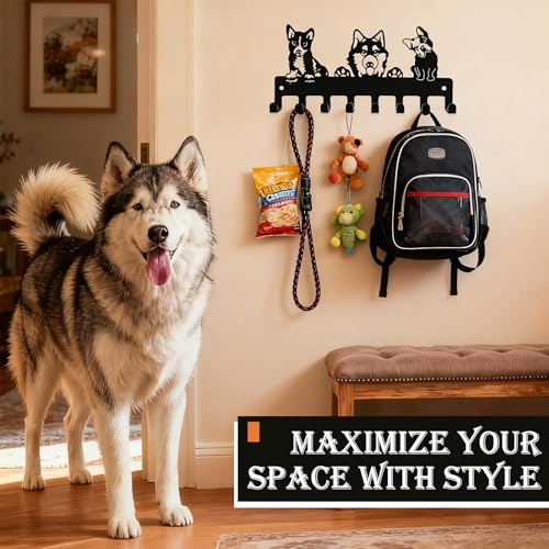 Dog Leash Holder for Wall, Key Holder Wall Mount with 8 Metal Hooks, Screw Mounted Pet Leash Organizer for Entryway, Keys, Collars, Harnesses and Bags - style: 8-Hook