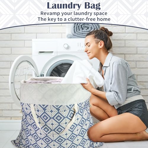 Canvas Laundry Bag 33"Wx 35"H, Thick Canvas Laundry Bag with Handles & Drawstring, Extra Large Heavy Duty Washable Basket Liner Hamper Liner Storage Sack (Geometry Blue) - color: Geometry Blue,1pc XL, size: XL 33"W x 35"H┃1 Pack