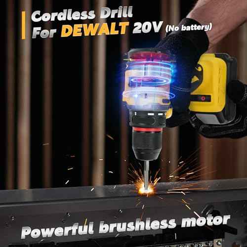 Cordless Drill Driver, Electric Drill for Dewalt 20V Battery, Brushless Driver with 2 Variable Speeds, 25+1 Torque, 3/8" Keyless Chuck, 60N.M for Home Repairing(No Battery)