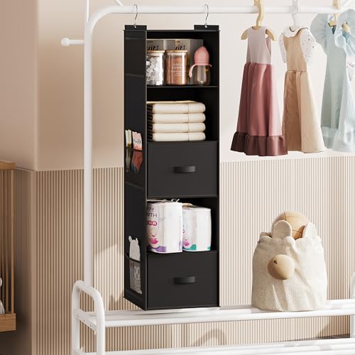 YOUDENOVA Hanging Closet Organizer, 5 Tier Hanging Closet Shelves with 6 Side Pockets and 2 Drawers, Black - color: Black