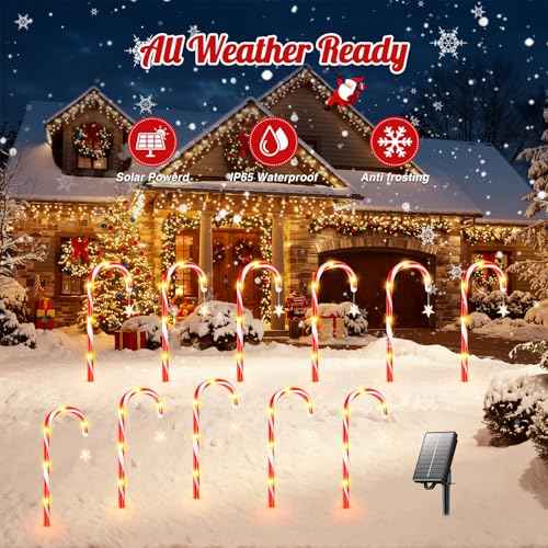 Christmas Decorations Outdoor, 24 Pack Solar Candy Cane Lights Christmas Yard Decorations with 10 Modes and Bright 144 LED, 28ft Longer Waterproof Candy Cane Pathway Lights Xmas Gift