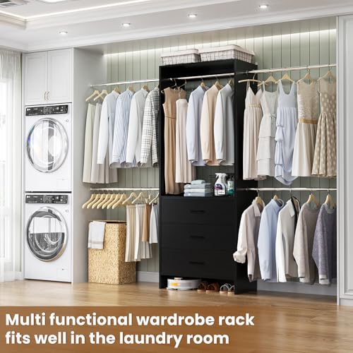 Aheaplus Closet System With 3 Wooden Drawers, Walk-in Wardrobe Organizer, Clothes Rack With 4 Hanging Rods, Garment Rack, -4R, Black - color: Black, size: Without Light