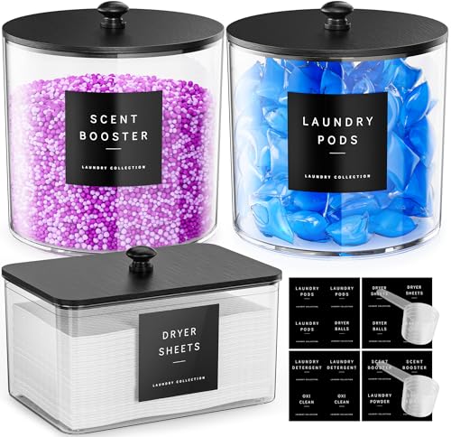 galasily 3 Pack Laundry Pods Container, Clear Laundry Room Organization Containers,Large Acrylic Detergent Powder Storage Containers Black Wooden Lids & Labels, Dryer Sheet Holder - size: 3pack
