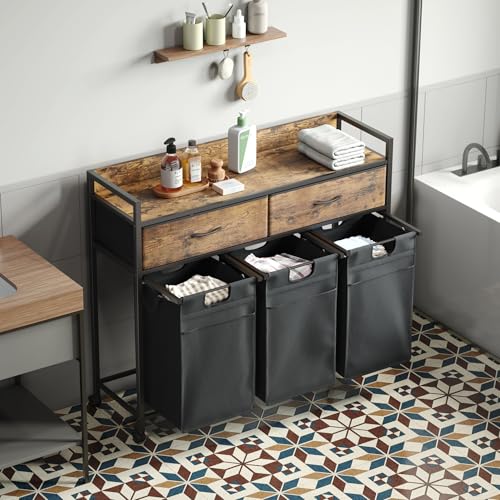 Mondeer Laundry Sorter with 2 Drawers, 150L with Pull-Out Removable Laundry Bags, Laundry Hamper Baskets with 3 Section and Wheels, Rustic Brown and Black - size: 3 Drawers