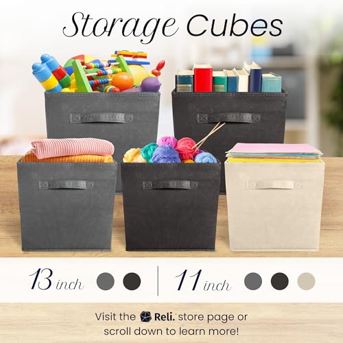 Reli. 11 Inch Cube Storage Bins (4 Pack) | Cube Organizer Bins | 11x11 Fabric Storage Boxes | Collapsible, Foldable Fabric Cubby Box (Square) | Kids Room Organization (Dark Gray)