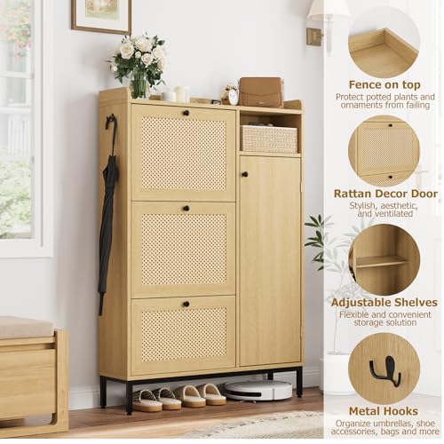 GarveeHome Shoe Cabinet Rattan with 3 Flip Drawers and 4-Tier Shoe Storage Cabinet, Freestanding Shoe Organizer with Adjustable Shelves for Entryway, Closet, Hallway (Light Oak)