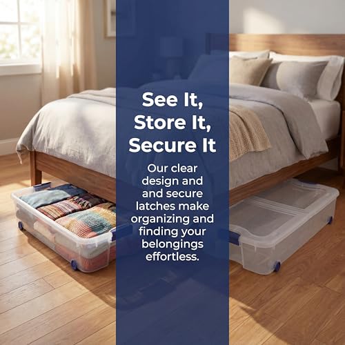 Blue Large Storage Bin, 66 Quart Clear Underbed Storage Container with Latch Lid and Wheels