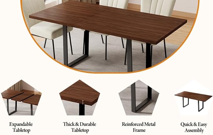 ZckyCine 67" Expandable Walnut Dining Table with 6 PU Leather Chairs, 7-Piece Modern Dining Set, Sturdy Metal Legs, Adjustable 51"-67" Rectangle Table for Kitchen & Dining Room