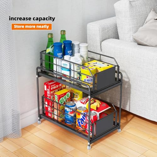 Under Sink Kitchen Storage Organizer, 2 Tier Sliding Cabinet Basket with Pull-Out Drawer, foldable Metal Under Sink Organizers for Bathroom, Pantry, Countertop, Rustproof Multi-Purpose Storage Bins