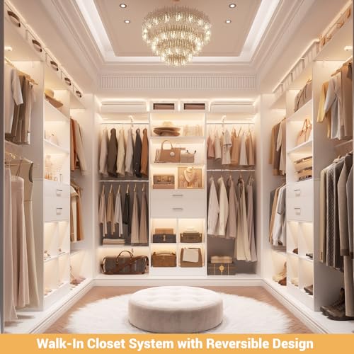 5FT Closet Organizer System with Wooden Drawers, 60 Inches Walk In Closet System With 5 Hanging Rods, Can Fit 1.58 to 6.8 FT with Reversible Hanging Shelving, White - color: White, size: 5FT