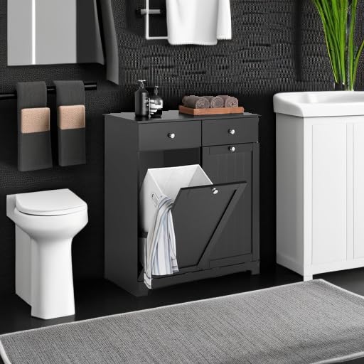 Haotian Tilt-out Bathroom Laundry Cabinet Hidden Hamper Organizer with Double Baskets and Drawers Storing Unit Storage Chest Cupboard, Black BZR33-SCH