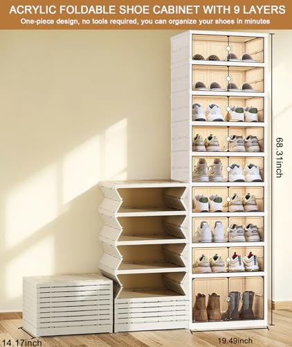 9 Tiers 18 Pairs Foldable Shoe Rack, Large Shoe Storage with Magnetic Clear Door, Easy Assembly and Freely Movable Shoes Organizer, Large Capacity Shoe Shelf for Living Room, Cloakroom, Entryway