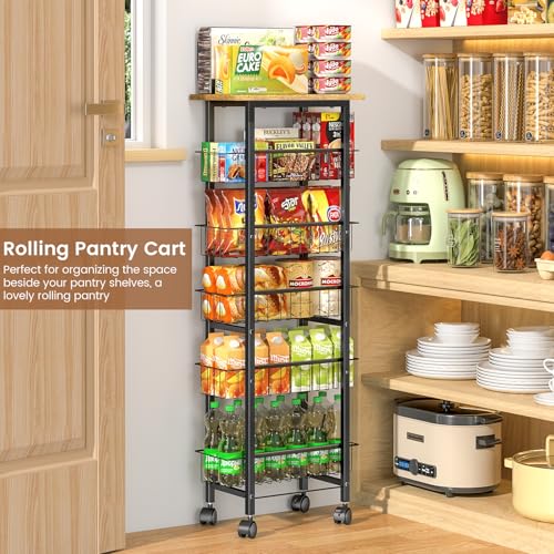 6 Tier Slim Storage Cart with Pull Out Basket, Wooden Top Rolling Kitchen Cart with Lockable Wheels, Metal Wire Fruit Vegetable Storage Basket Narrow Utility Organizer for Kitchen, Bathroom, Laundry
