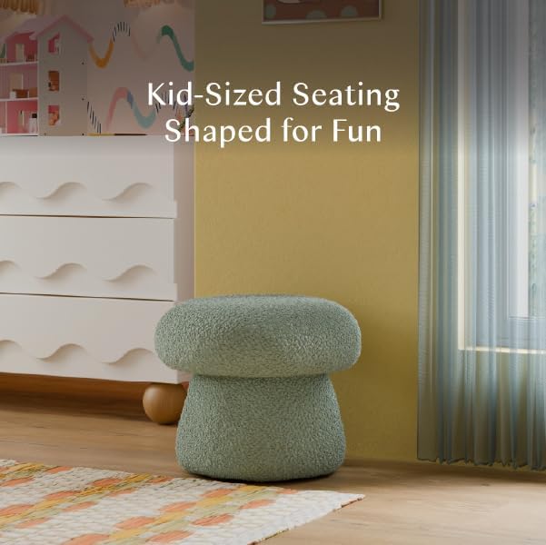 Babyletto Kids Mushroom Pouf - Ottoman Foot Rest - Poofy Plush Teddy Loop Round Footrest Stool for Couch - GREENGUARD Certified Soft & Stuffed, Comfy Pouf Ottoman for Living Room & Nursery Floor, Sage