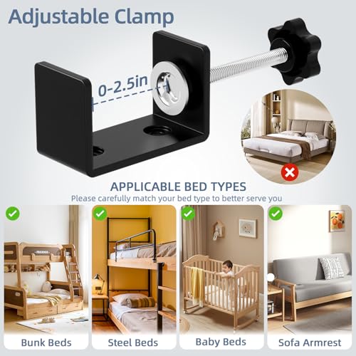 Clip On Bedside Shelf, Adjustable Bed Table with Cup Holder & Headphone Hook, Bed Tray for College Dorm, Bunk Beds, Space Saving Nightstand with Cable Management, Side Table Organizer for Bedroom