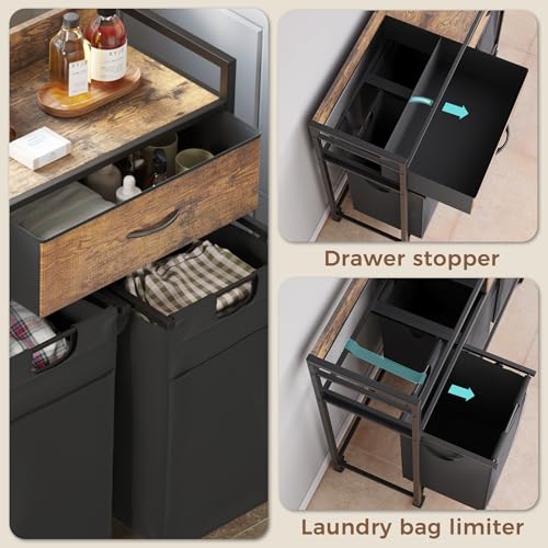 Mondeer Laundry Sorter with 2 Drawers, 150L with Pull-Out Removable Laundry Bags, Laundry Hamper Baskets with 3 Section and Wheels, Rustic Brown and Black - size: 3 Drawers