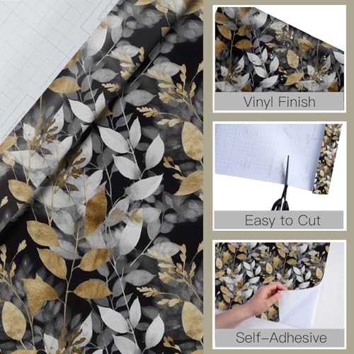 RUSPEPA Peel and Stick Floral Wallpaper,Black and Gold Botanical Wall Decor, Boho Self Adhesive Removable Decorative Waterproof Contact Paper for Bedroom Kitchen Cabinets Wall D?cor, 17.7 in x 6.56 ft