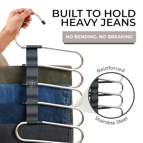 MORALVE Pants Hangers Space Saving - 4 Pack - Non-Slip Multi-Layer Space Saving Hangers - Multifunctional Clothing Rack for Closet Storage - Ideal for Jeans, Trousers, Skirts, Scarves & Slacks (Black) - size: 4 Pack