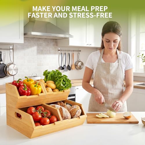 Bamboo Pantry Storage Bins for Vegetables, Potato and Onion Storage Bin for Pantry, Produce Bins for Kitchen Counter