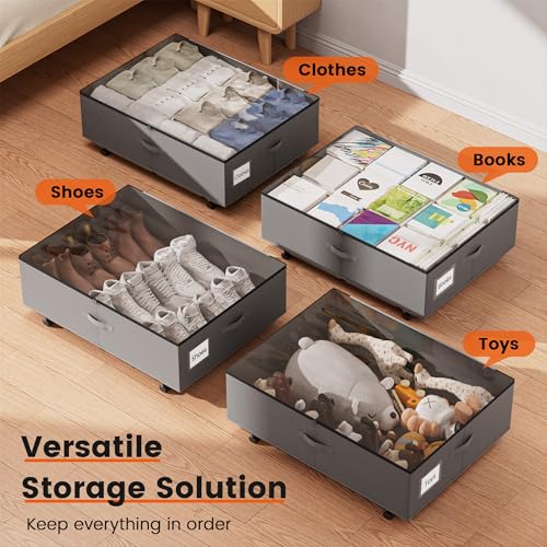 XXXL 100L Under Bed Storage with Wheels, Rolling Storage Containers with Support & Clear Lid, Heavy-Duty Metal Frame, Easy Pull-out, Underbed Storage Bins for Clothes, Shoes, Blankets, and Toys 2 pack - size: 100L-2pack
