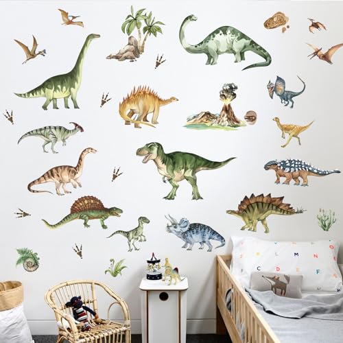 decalmile Dinosaur Wall Decals Jungle Dinosaur Volcano Cave Dino Wall Stickers Baby Boy Kid Bedroom Playroom Wall Decor