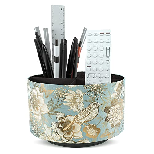 Hennaja Round Leather Art Supply Organizer,Remote Control Holder,360 Degree Rotating,Multi-Functional Pencil Holder,4 Compartments Desktop Stationary Organizer(1-Blue Bird) - color: 1-Blue Bird