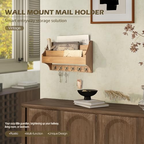 Rebee Vision Pine Wood Key Holder Wall Mount - Rustic 3-Tire Mail Holder for Wall with Sturdy Key Hooks - Multifunctional Key Holder on Wall for Home Office (Light Brown) - color: Yellow