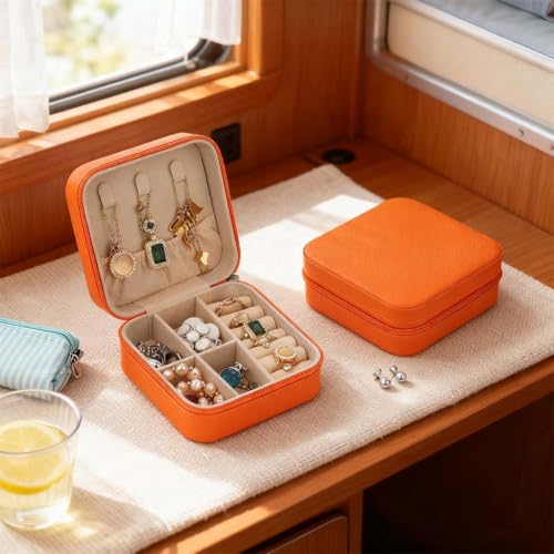 Mini Jewelry Box with Mirror, Portable Travel Jewelry Case Organizer with Multiple Compartments and Soft Velvet Lining, Compact Storage Solution for Earrings Necklaces and Rings(Orange)