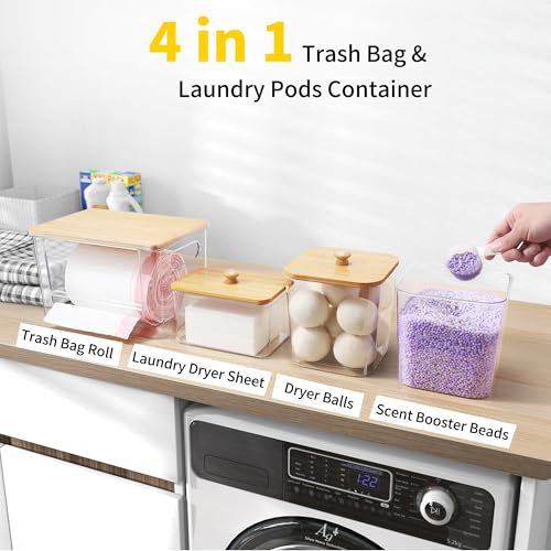 Extra Large Trash Bag Holder 4 Pack Garbage Bag Dispenser Roll Holder with Lid Laundry Room Organizer Under Sink Stackable Storage, Wall Mounted Laundry Dryer Sheet Holder Clear Pod Container - color: 4Pcs
