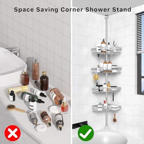 KEGII SUS304 Corner Shower Organizer, Stainless Steel Tension Pole Corner Bathroom Caddy, No Drilling Required Adjustable Shower Shelf for Inside Showers, Silver - style: Tension Caddy - Silver