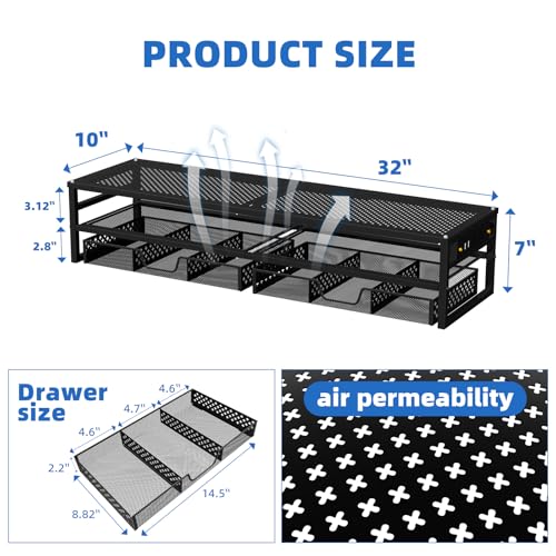 Simple Trending 2 Tier Metal Monitor Stand Riser with USB 2.0 and Charging Prot , Computer Office Desktop Organizer for 2 Monitors with 2 Drawer Storage and Reusable Cable Ties for Printer, TV, Black
