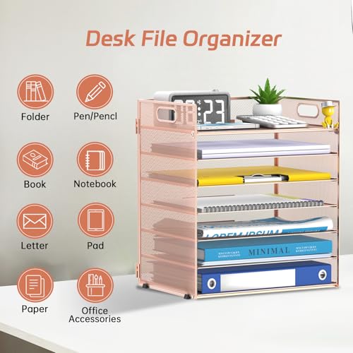 7 Tier Paper Organizer - Mesh Desktop File Holder with Handles for Office School Desk (Rose Gold) - color: Rose gold