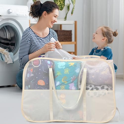 Collapsible Laundry Baskets with 3 Compartment, 150L Tear-proof Pop Up Hamper, Foldable Laundry Basket with Tote Handles, Dirty Clothes Hamper for Laundry, Bedroom, Bathroom, Dorm Beige - style: 3 Compartments- Beige