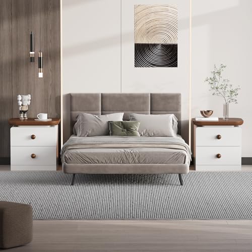 IKENO Wooden Nightstand with 2 Drawers, Large End Table with Stroage, Multifunctional Side Table for Bed Room, Living Room, Reception Room, Brown and White