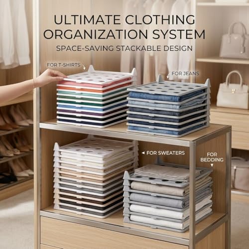 Space-Saving Stackable Clothing Organizer –Interlocking Shirt Folding Boards & Shelf Dividers,Keeps Lightweight Clothes Neat，Stackable Closet Organizer for Shirts, Jeans, T Shirt 5 Pack (Grey) - color: Grey