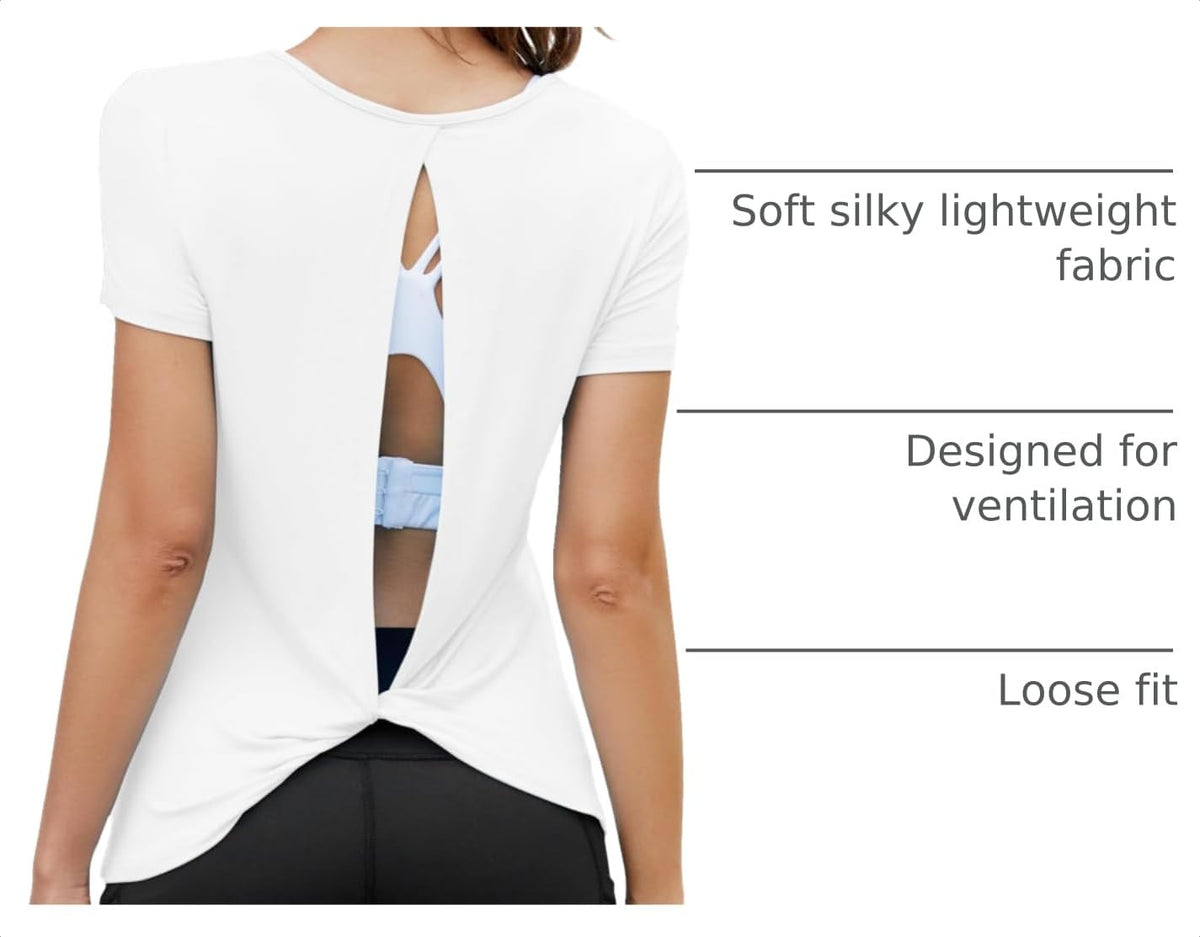 Mippo Backless Workout Top Open Back Shirts Short Sleeve Athletic Yoga Gym Exercise Tees Pilates Clothes for Women, White S