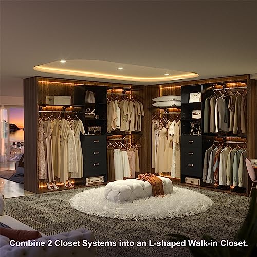 iSunirm 8FT Closet System, 96'' Closet Organizer System with 3 Hanging Rods, Wall Mount Bedroom Wardrobe with 3 Drawers Walk-in Closet, Adjustable Cloth Garment Rack from 5 to 8FT (Cut to Fit), Black - color: Black