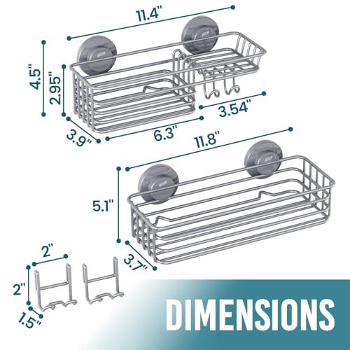 TAILI Shower Caddy Suction Cup 2 Pack with Hooks & Soap Holder, Heavy Duty Shower Organizer for Bathroom, No Drilling Bathroom Organizer with Large Capacity, Metal Storage Holder-Grey - style: 2 × Grey
