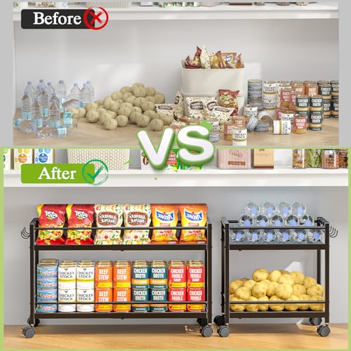 1 Pack 2-Tier Expandable Pantry Floor Organizer Cart, Rolling Pantry Storage Cart with Wheel, Adjustable Can Organizer for Kitchen Pantry, Pantry Shelves and Storage Rack for Snacks, Vegetables, Black