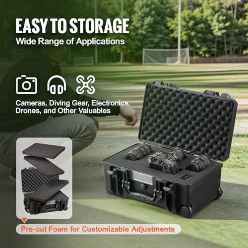 VEVOR Weatherproof Hard Case, Heavy Duty Protective Dry Box with Pre-Cut Foam, Wheels & Retractable Pull Handle for Travel, Hunt, Military, Tactical, IP67 Waterproof Case for Cameras (64x51x25)