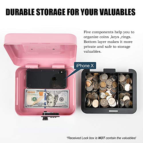 KYODOLED Medium Cash Box with Combination Lock Safe Metal Money Box with Money Tray for Security Lock Box 7.87x 6.30x 3.54Inch Pink Medium - color: Pink, size: Medium