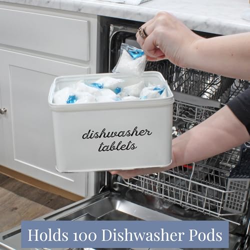 AuldHome Design Dishwasher Pod Holder, Tablet Container; White Enamelware Rustic Kitchen Storage Tin w/ Lid