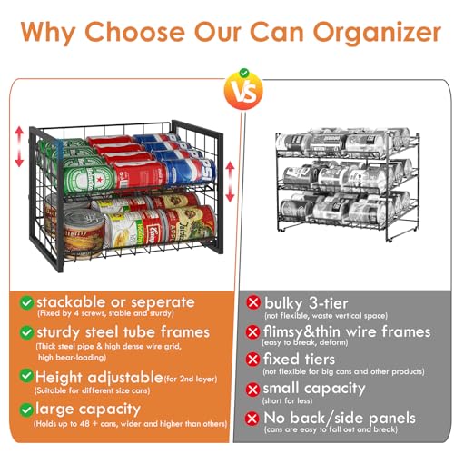 X-cosrack 2 Packs Stackable Can Rack Organizer for Pantry, 2-Tier Sturdy Adjustable Pantry Can Storage Organizer for Canned Food Can Goods, Kitchen Can Dispenser Holder for Soda Drinks Snack, Black - size: 2 Packs 4 Tier