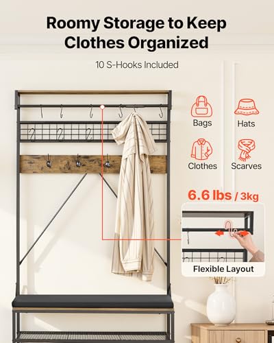 VEVOR Hall Tree with Bench and Shoe Storage, 2 Tier Entryway Bench with Coat Rack, Shoe Rack Storage Organizer with Soft Cushion, Hooks and Hanging Rod for Entryway, Hallway - size: 72" * 40"