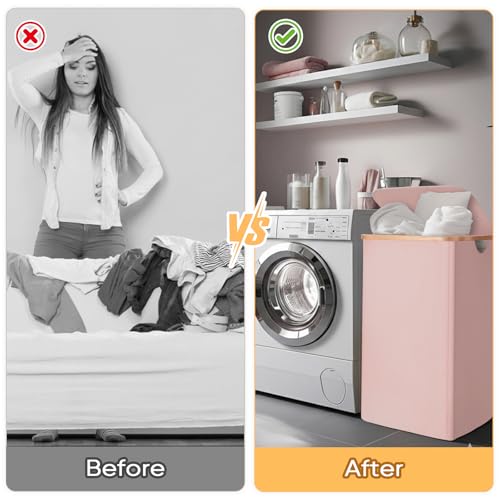 BALEINE Laundry Hamper with Lid, Tall Laundry Baskets with Bamboo Pull Handles, Large Laundry Bin with Internal Support (26 Gal/100L, Pink) - color: Pink, size: 100 liters