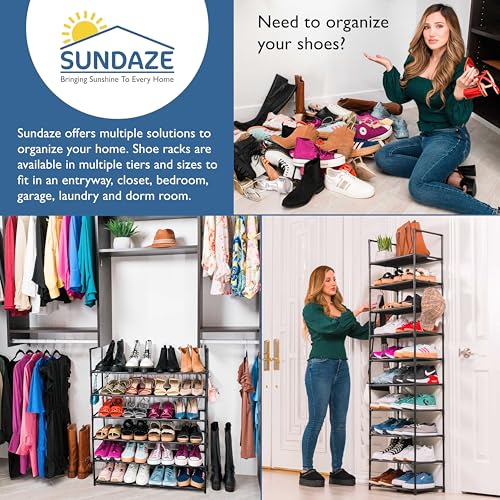 Sundaze Shoe Rack - 4 Tier Shoe Rack for Front Door Entrance, Sturdy Long Shoe Organizer for Closet, Bedroom, Entryway, Garage, Non Woven Fabric Shelf, Black, Holds Up to 20 Pairs - size: 4 Tier (34.3" W)